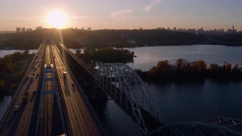 Urban Cityscape with Bridge Ad Sunset Light