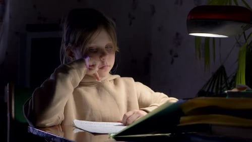 Child Studying at Desk Under Lamp Light