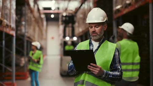 Male Worker Noting the Storage Data in Logistic Centre