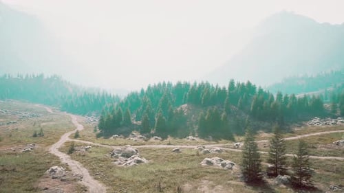 Cross Road on Hillside Meadow in Mountains