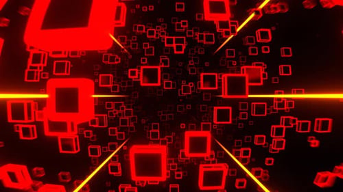Rote und orange Bewegung im Fluss von Neonwürfeln im Hintergrund VJ Loop in 4K