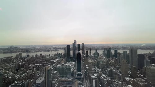 High aerial over Hudson Yards skyline, winter, New York City, USA