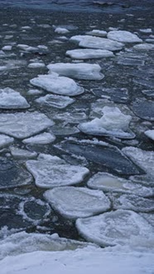 Ice Floes Floating Down River in Winter Time