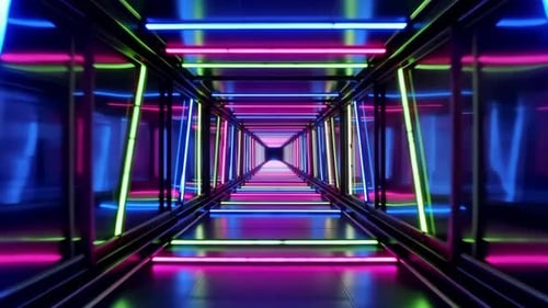 Futuristic Infinite Neon Tunnel with Vibrant LED Lights