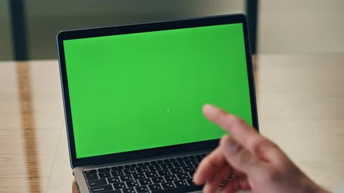 Entrepreneur Hands Gesturing Mockup Laptop in Office. Unknown Ceo Talking at Chromakey