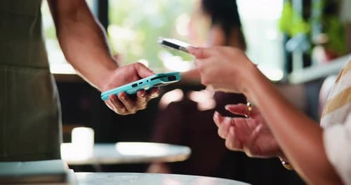 Payment, phone and hands in cafe with pos machine, eft service and transfer in cashless system