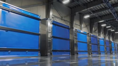 Innovative Blue Storage Containers Utilized in a Contemporary Warehouse Facility Design