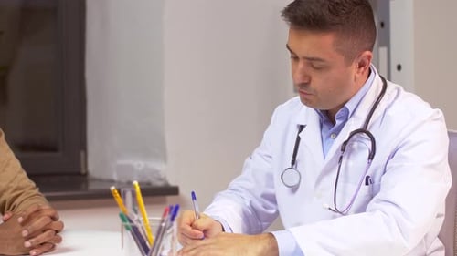 Doctor writes prescription for patient at clinic during healthcare visit