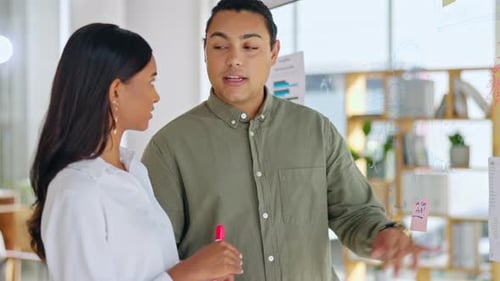 Agenda, ideas or business people planning on glass board for problem solving