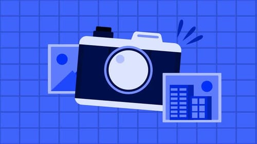 Animated Flat Design Camera Icon with Photo Reveal