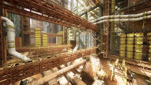 Radiant Metal Pipes Intersecting in Industrial Plant Environment Scene