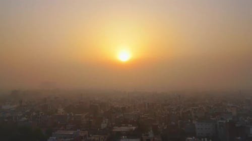 sunset shot in city drone shot
