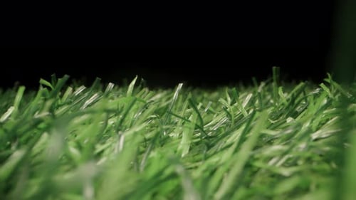 Macro Slider Shot Moving Through Artificial Green Grass in Darkness with Focus on Blade Detail and