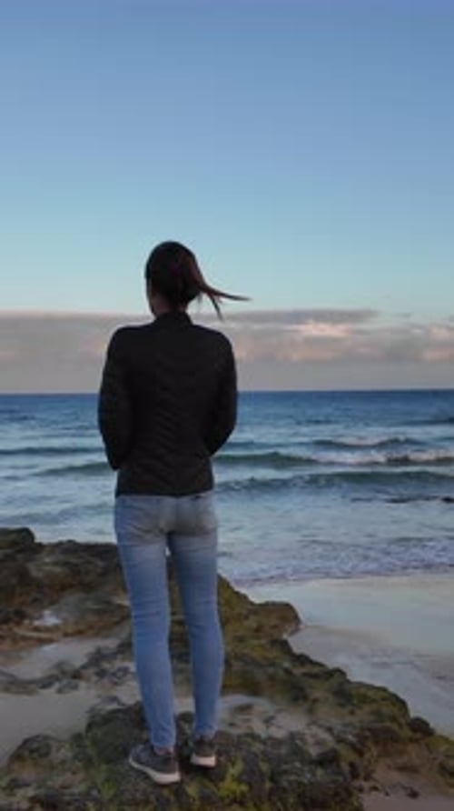 Woman with her back to the camera contemplating the waves of the sea from a rocky beach
