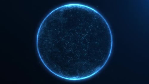 Blue glowing energy particle plasma sphere on dark abstract background.