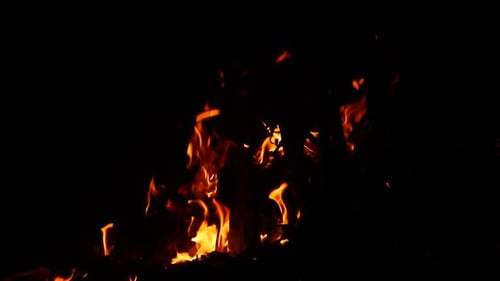 Full HD video of blazing fire yellow flames in darkness