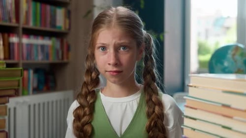 Helpless Sad Upset Anxious Caucasian Little Girl Schoolgirl Kid School Child Pupil Learner Student