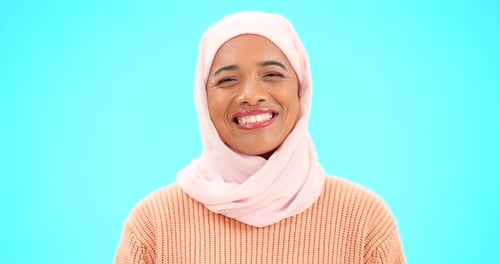 Muslim, happy woman and laughing face portrait with a scarf for mockup or comic joke