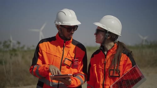 Engineers work at windmill farm.