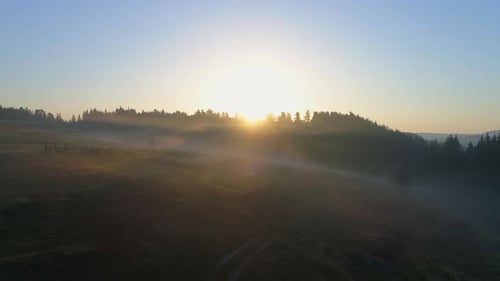 Misty Rural Landscape at Sunrise, Aerial View