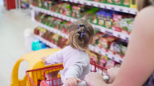 Two Kids in Plastic Shoppingcart Inside Marketplace with Mommy
