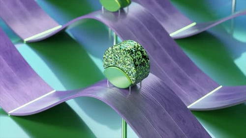 Vibrant 3D Animation of Reflective Spheres on a Neonlit Undulating Ribbon Path