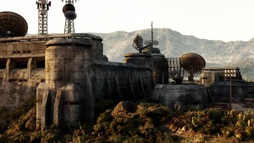 Eine futuristische Stadt mit einer Militärbasis, einem Kriegsbunker im Hintergrund