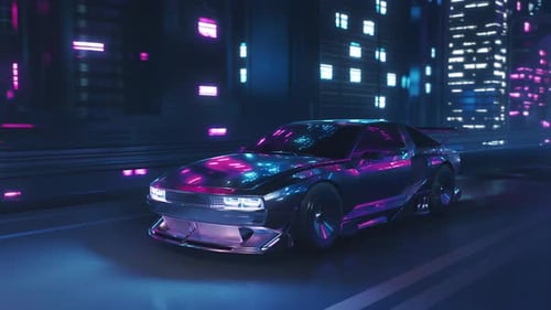 Car Driving on the City Streets at Night with Neon Lights and in a Cyberpunk Style