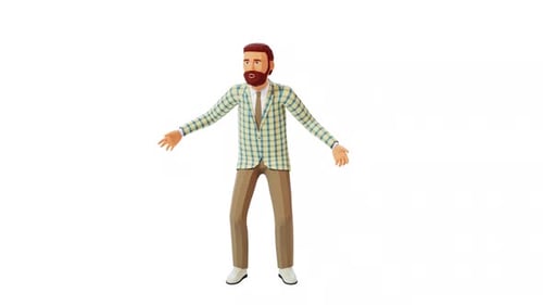 A 3D man in a checkered jacket speaks and gesticulates emotionally