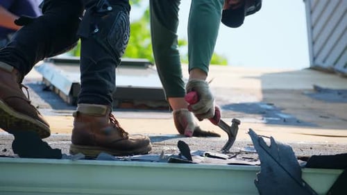 Roofer Remover Old Roof Covering Before Installing a New Roof on an House Work Elements