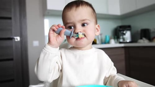 Child Eats Food in Kitchen High Chair