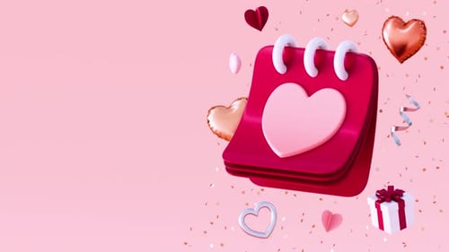 Valentines Day looping video for greetings with floating calendar, hearts, festive stuff