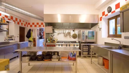 Commercial Kitchen with Stainless Steel Equipment and Surfaces