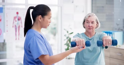 Dumbbells, physiotherapist or senior woman in fitness workout, exercise