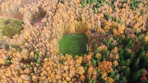 Aerial View of Small Soccer Field Among Colorful Fall Trees Stock Photo