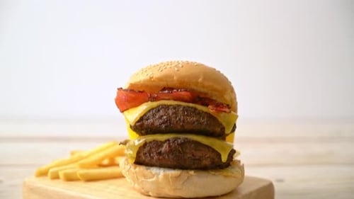 Double Cheeseburger with Bacon and French Fries