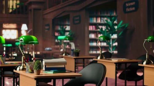 Elegant Vintage Library with Wooden Shelves and Sophisticated Green Lamps