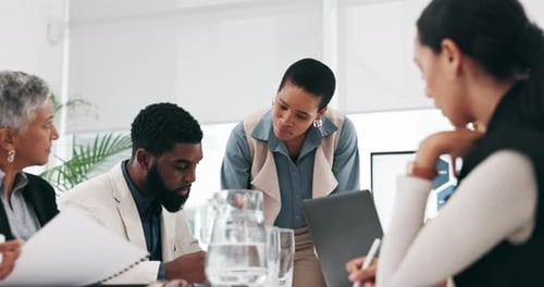 Meeting, presentation and business people in office for planning, marketing strategy