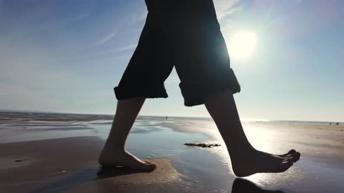 Close Up of a Girl Feet Walking on Sand on a Beach in Sunny Weather Women Legs Walk Along the
