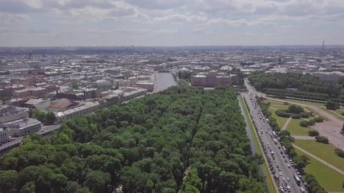 Saint-Petersburg, an aerial drone footage of a boat in a river, channel, Church of Savior on Blood,