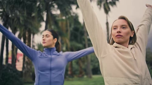 Two Young Women Stretching in a Park