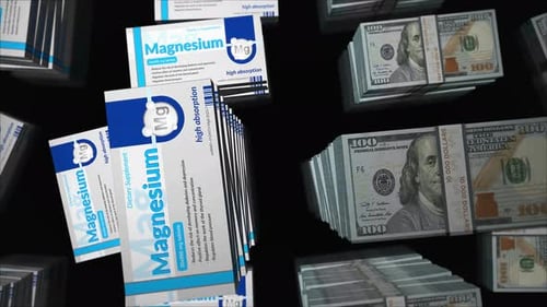 Magnesium tablets box and US Dollar money pack loop 3d