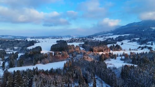 Aerial View of a Snowy Forested Valley in Winter