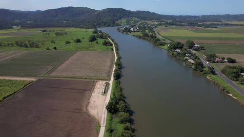 Landscape Of Tweed River And Green Fields In New South Wales, Australia - Aerial Shot