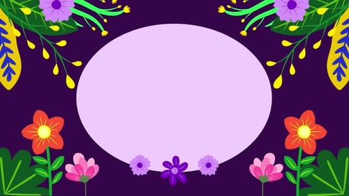 Beautiful floral cartoon animation spring with oval frame. With purple background.