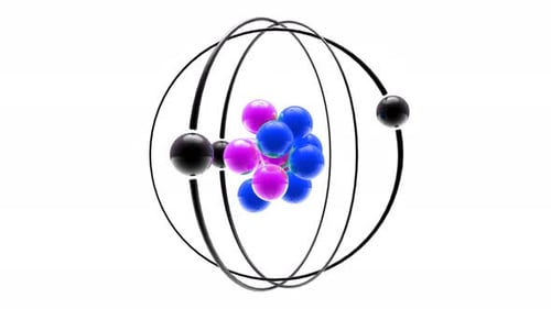 Atom with nucleus, neutrons, protons and electrons glowing. Atomic structure