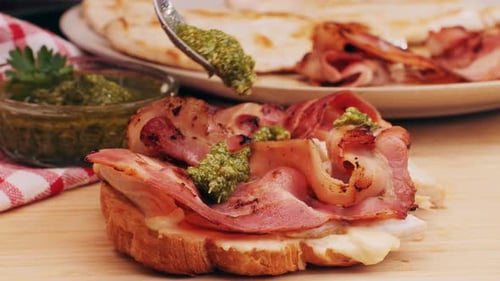 Croissant with Jamon Ham Salmon in Modern Cafe Top View of Healthy Breakfast in Cafe English