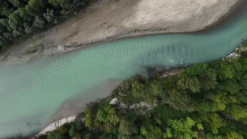 High view of beautiful river with clear blue water. Ansola d‘Ossola, River Toce, Italy.