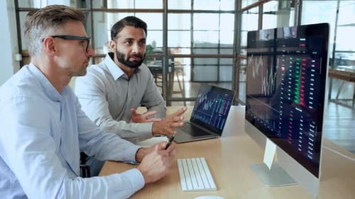 Two Diverse Crypto Traders Brokers Exchange Market Investors Discussing Trading Charts