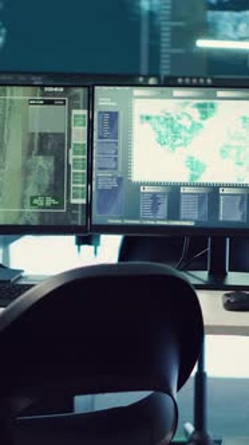 Workplace with Monitors Displaying Data and Maps